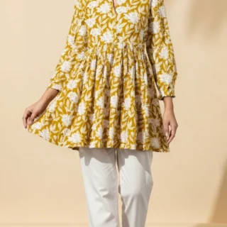 Mustard Floral Peplum Kurti – Everyday Ethnic Elegance for Women