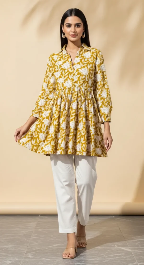 Mustard Floral Peplum Kurti – Everyday Ethnic Elegance for Women