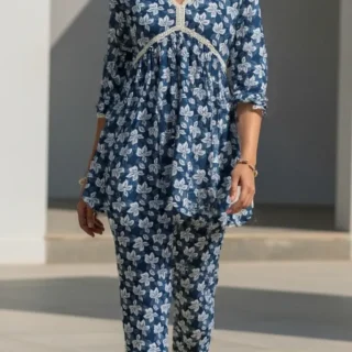 Navy Blue Floral Printed Kurti Set – Ethnic Co-ord for Women