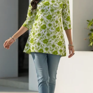 Lime Green Floral Cotton Straight Kurti – Everyday Breezy Elegance