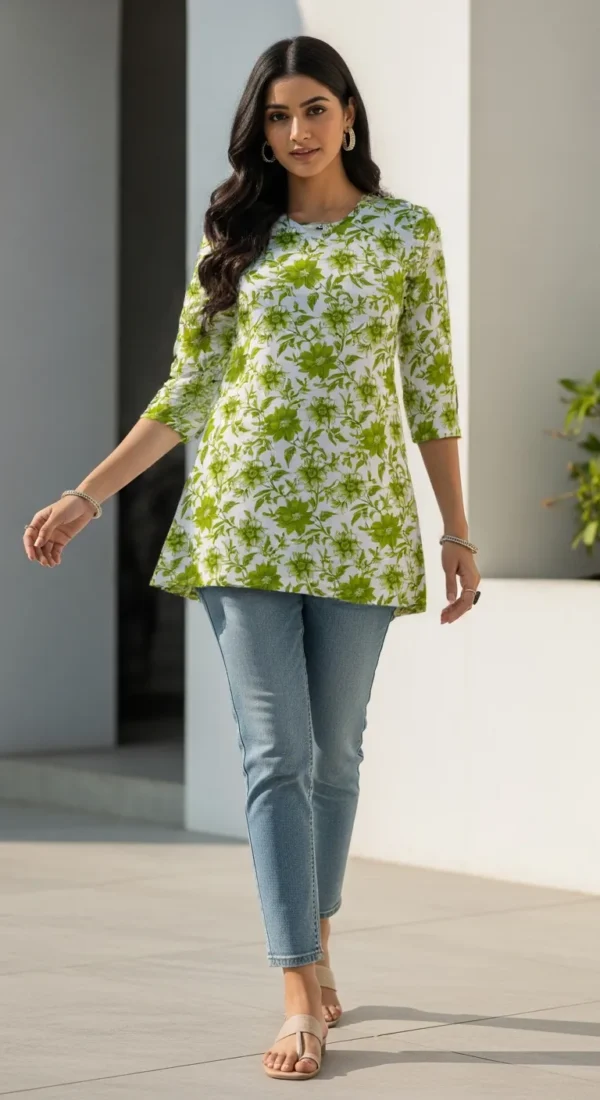 Lime Green Floral Cotton Straight Kurti – Everyday Breezy Elegance