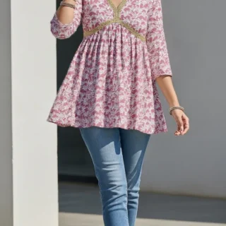 Blush Pink Floral Peplum Kurti for Women – Cotton Blend Short Kurti