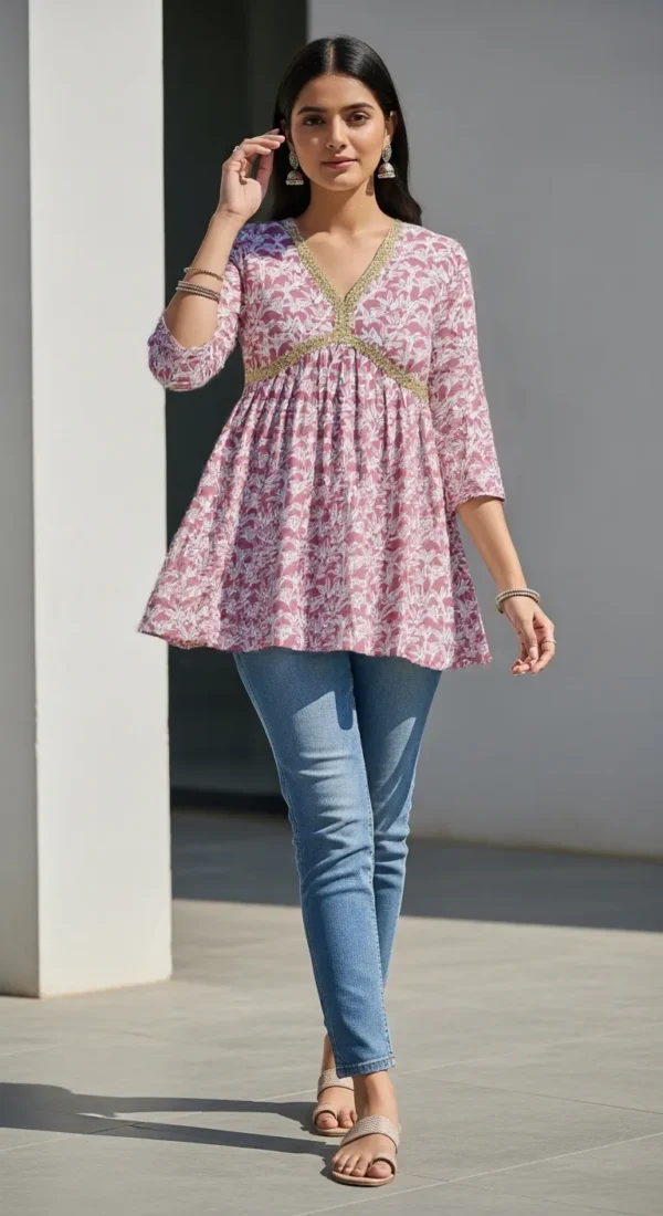 Blush Pink Floral Peplum Kurti for Women – Cotton Blend Short Kurti