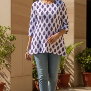 Women’s White & Purple Printed Short Kurti – Cotton Blend Everyday Wear