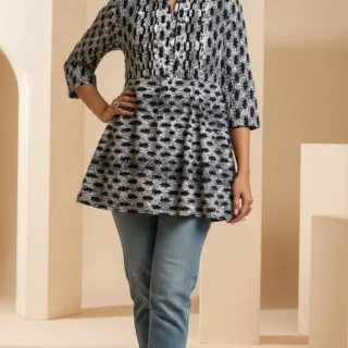 Women’s Black & White Printed Peplum Kurti Top – Cotton Blend Flared Kurta