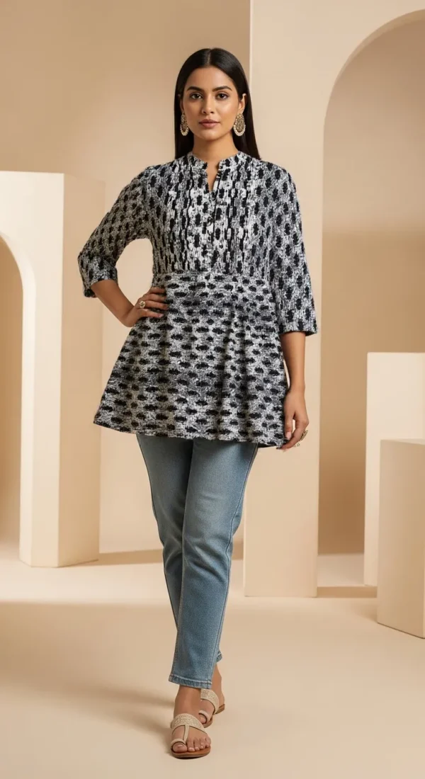 Women’s Black & White Printed Peplum Kurti Top – Cotton Blend Flared Kurta