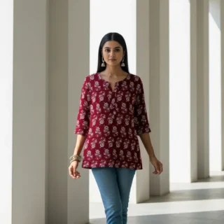Women's Maroon Floral Printed Short Kurti – Cotton Blend Tunic Top with 3/4 Sleeves & Notch Neck
