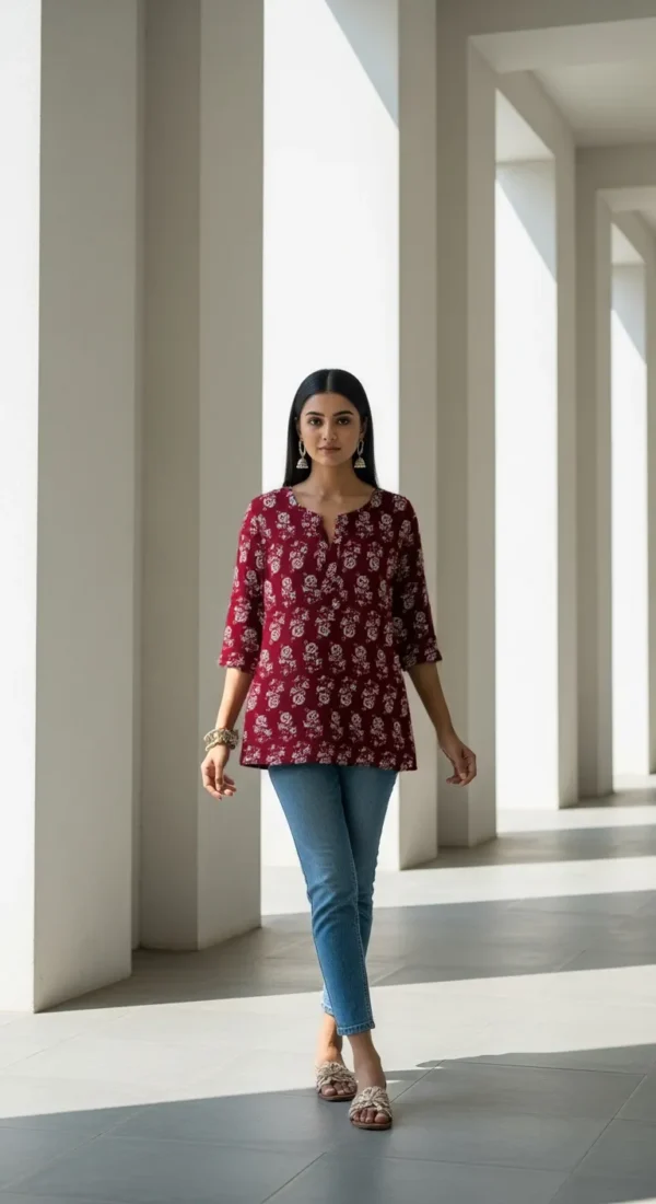Women's Maroon Floral Printed Short Kurti – Cotton Blend Tunic Top with 3/4 Sleeves & Notch Neck