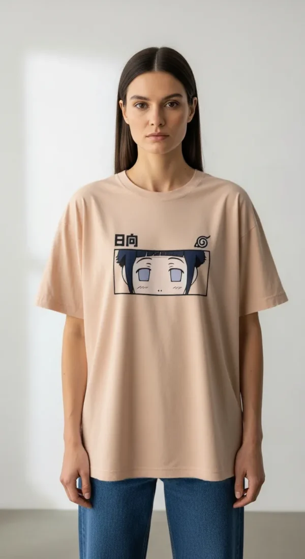 Hinata Hyuga Girl's Oversized Anime T-Shirt – Beige Edition - Image 2