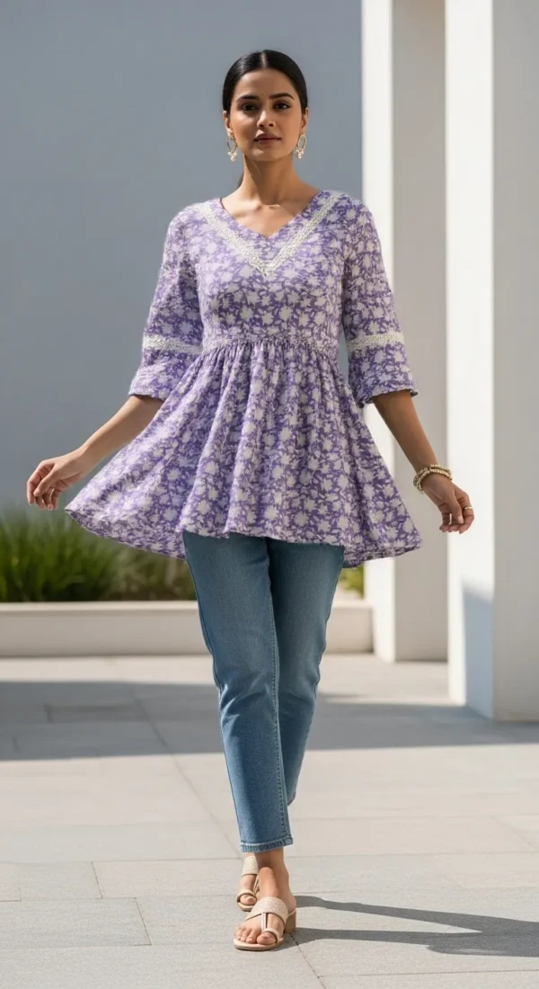 Lavender Floral Cotton Peplum Kurti – Casual Ethnic Top for Women
