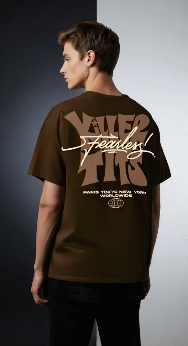 Men’s Oversized Fearless Back Print T-Shirt – Brown, Streetwear Style