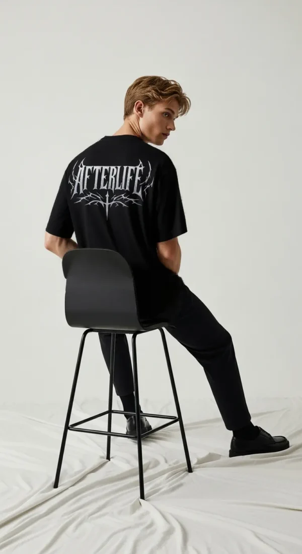 AFTERLIFE Oversized Black T-Shirt — Textured Gothic Back Print Streetwear Tee
