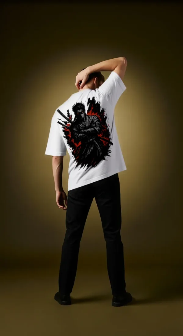 Samurai Shadow Oversized Tee – Premium Streetwear in White